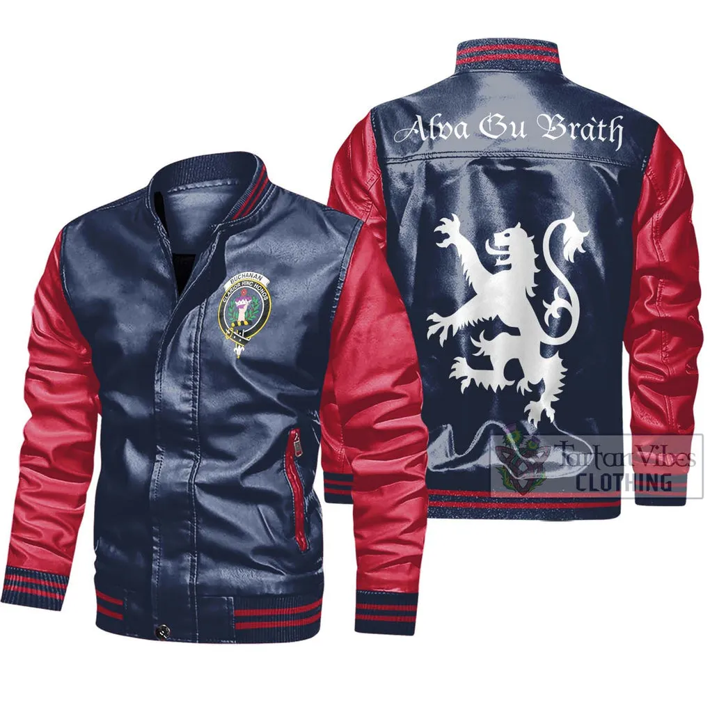 Buchanan Family Crest Leather Bomber Jacket Lion Rampant Alba Gu Brath Style