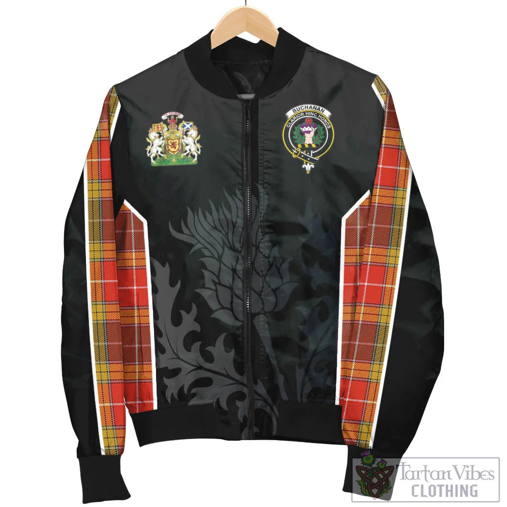 Buchanan Old Set Weathered Tartan Bomber Jacket with Family Crest and Scottish Thistle Vibes Sport Style