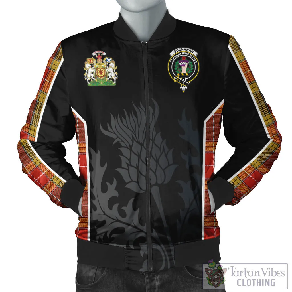 Buchanan Old Set Weathered Tartan Bomber Jacket with Family Crest and Scottish Thistle Vibes Sport Style