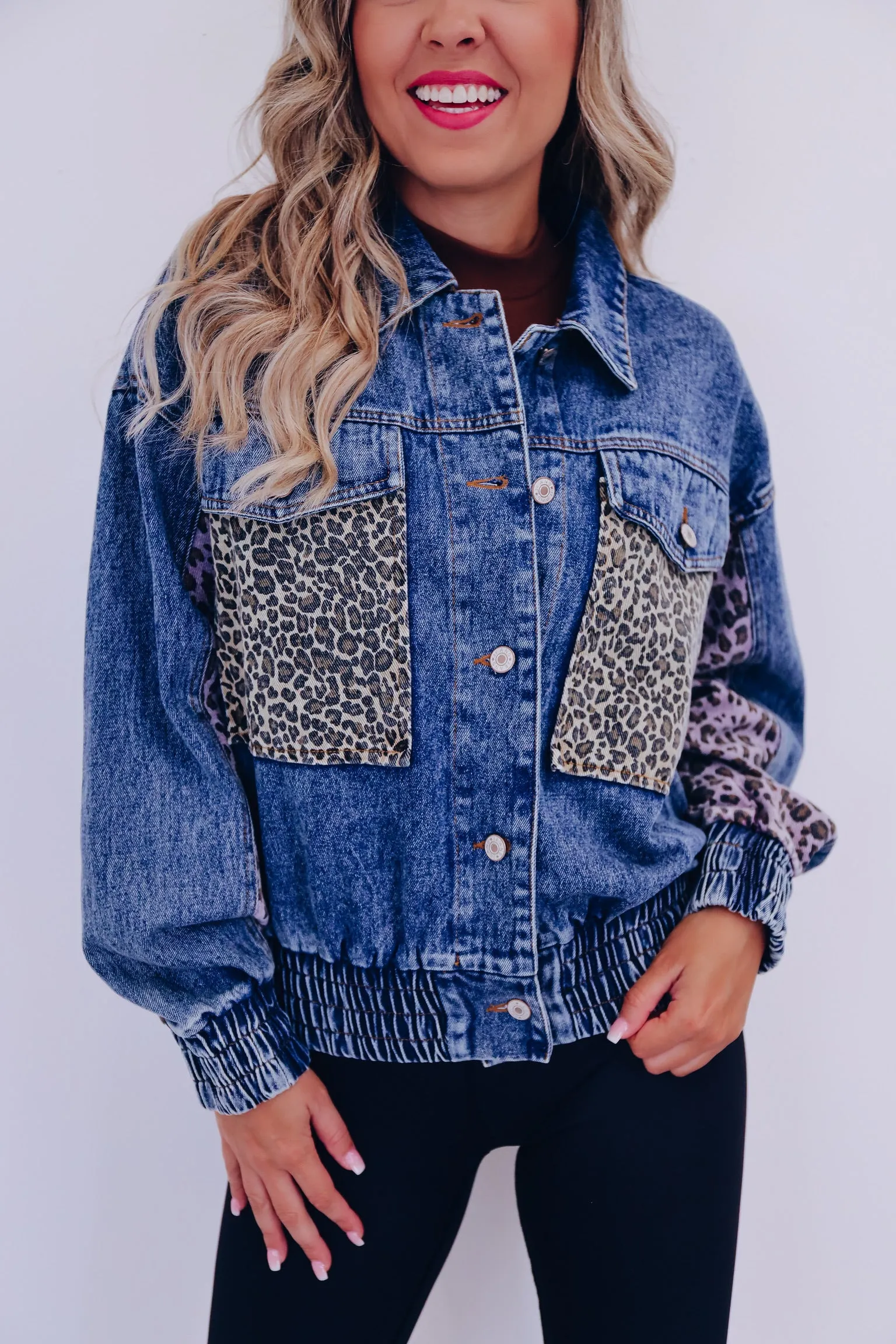 Caro Contrasting Denim Cropped Jacket - Leopard