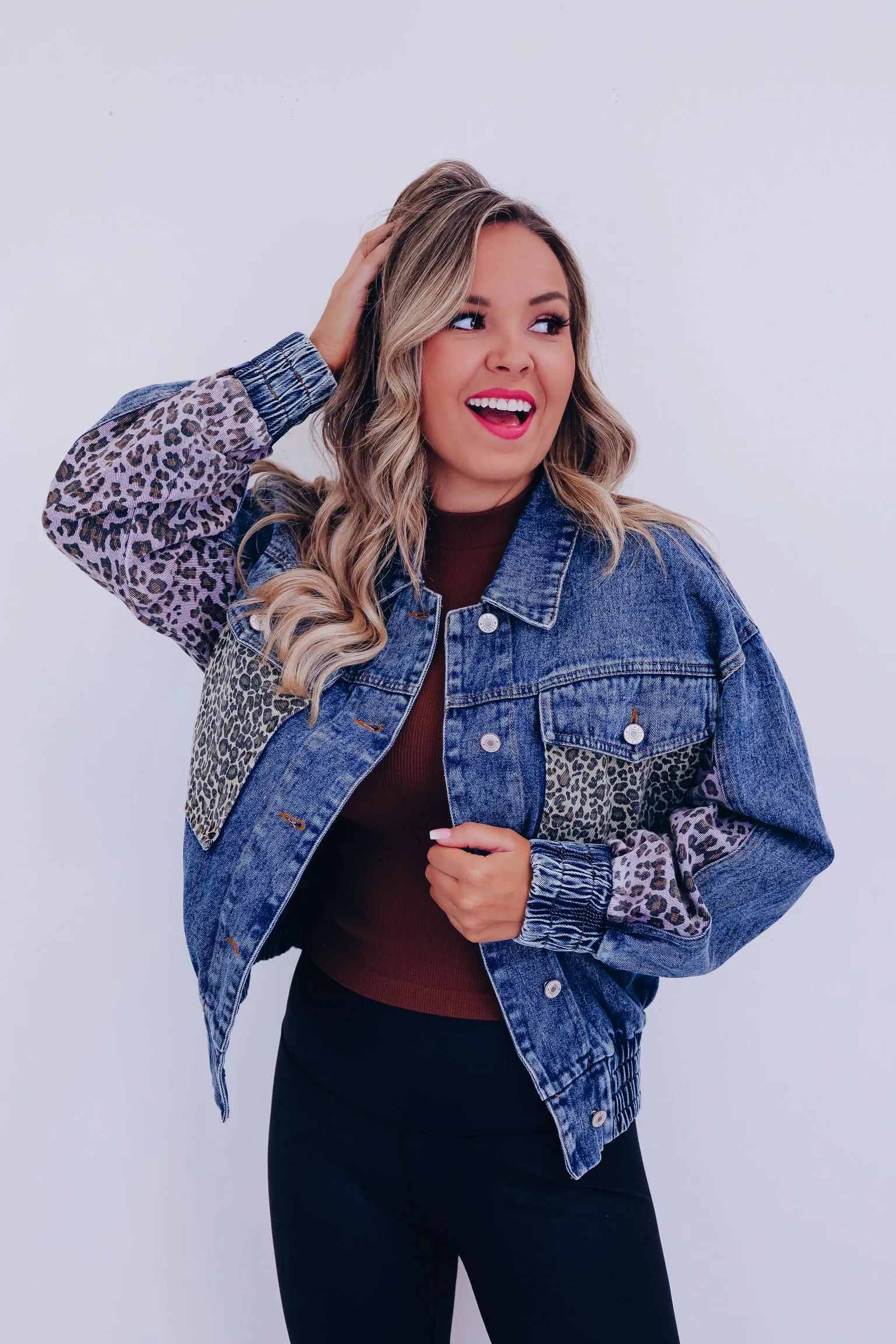 Caro Contrasting Denim Cropped Jacket - Leopard