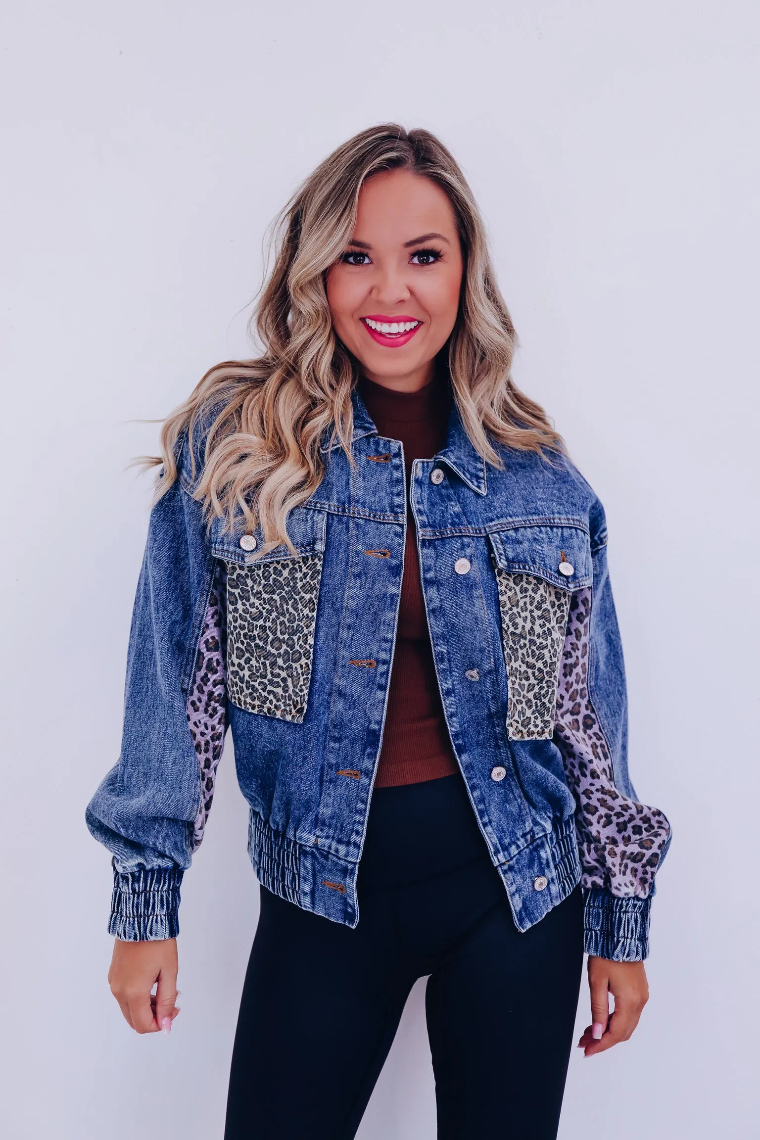 Caro Contrasting Denim Cropped Jacket - Leopard