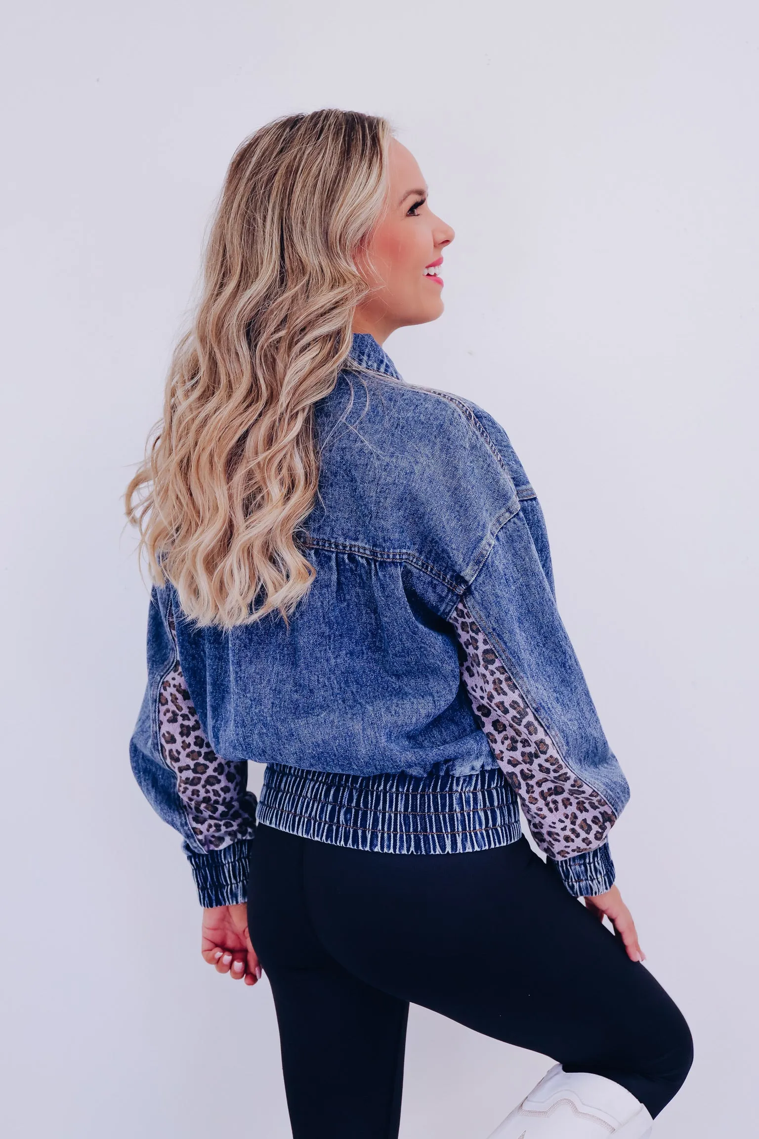 Caro Contrasting Denim Cropped Jacket - Leopard