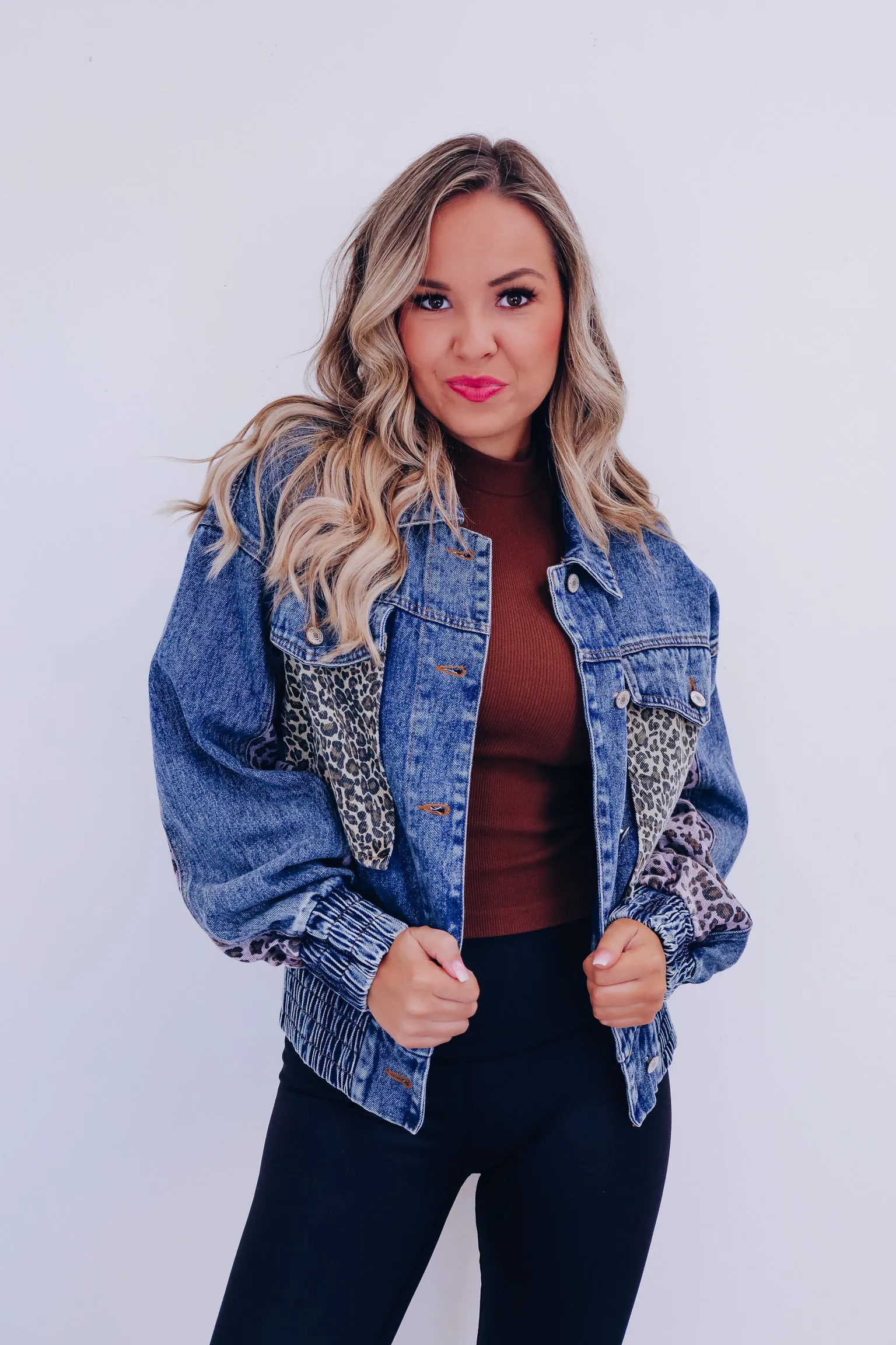 Caro Contrasting Denim Cropped Jacket - Leopard