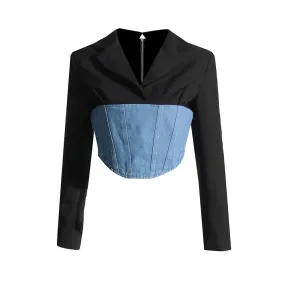 Chic Patchwork Denim Blazer For Women Notched Collar Long Sleeve Slim Temperament Blazer Female Fashion Clothing