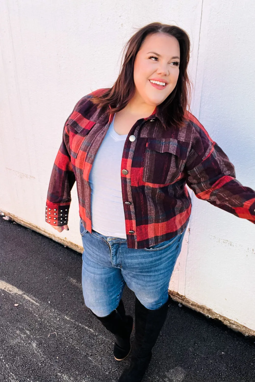 City Streets Burgundy & Rust Plaid Studded Cropped Jacket