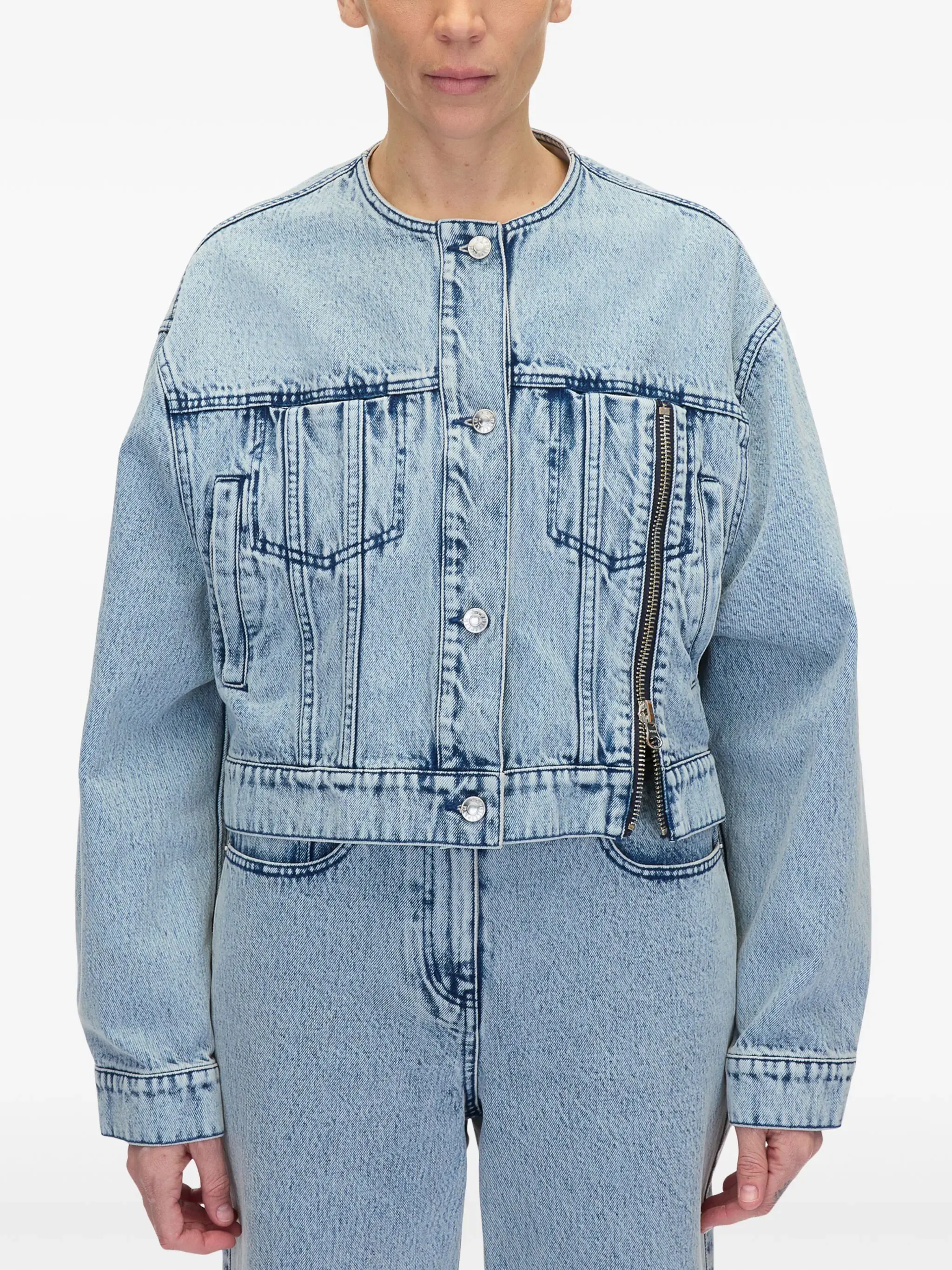 Collarless Cropped Denim Jacket