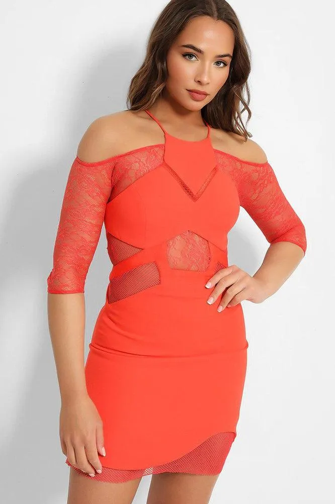 Coral Sheer Mesh Details Bodycon Dress