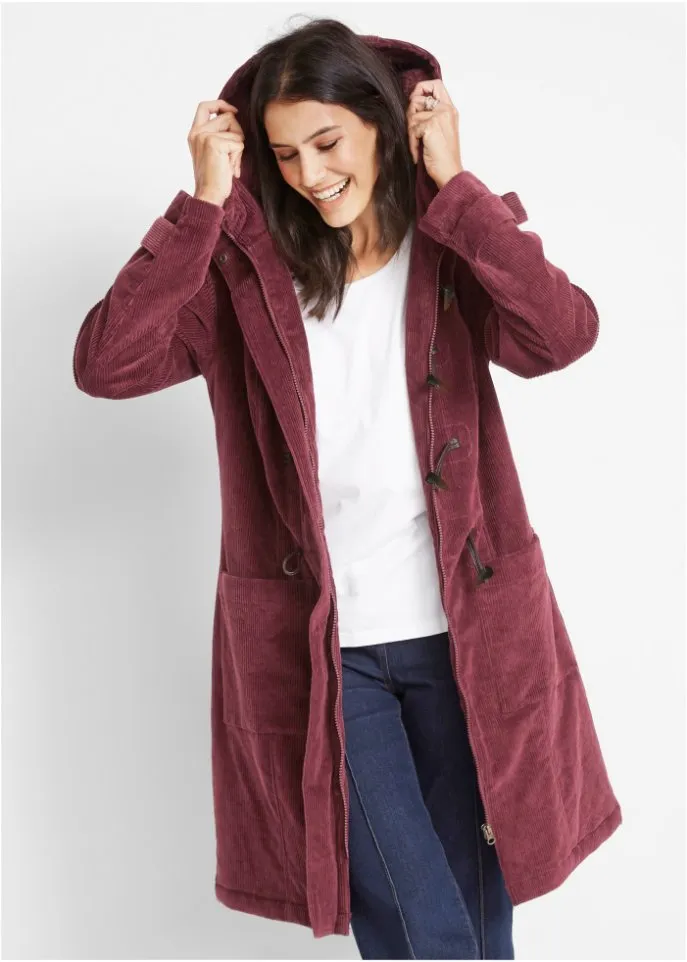 Corduroy duffle coat with mid-length lining Bpc Bonprix Collection, red