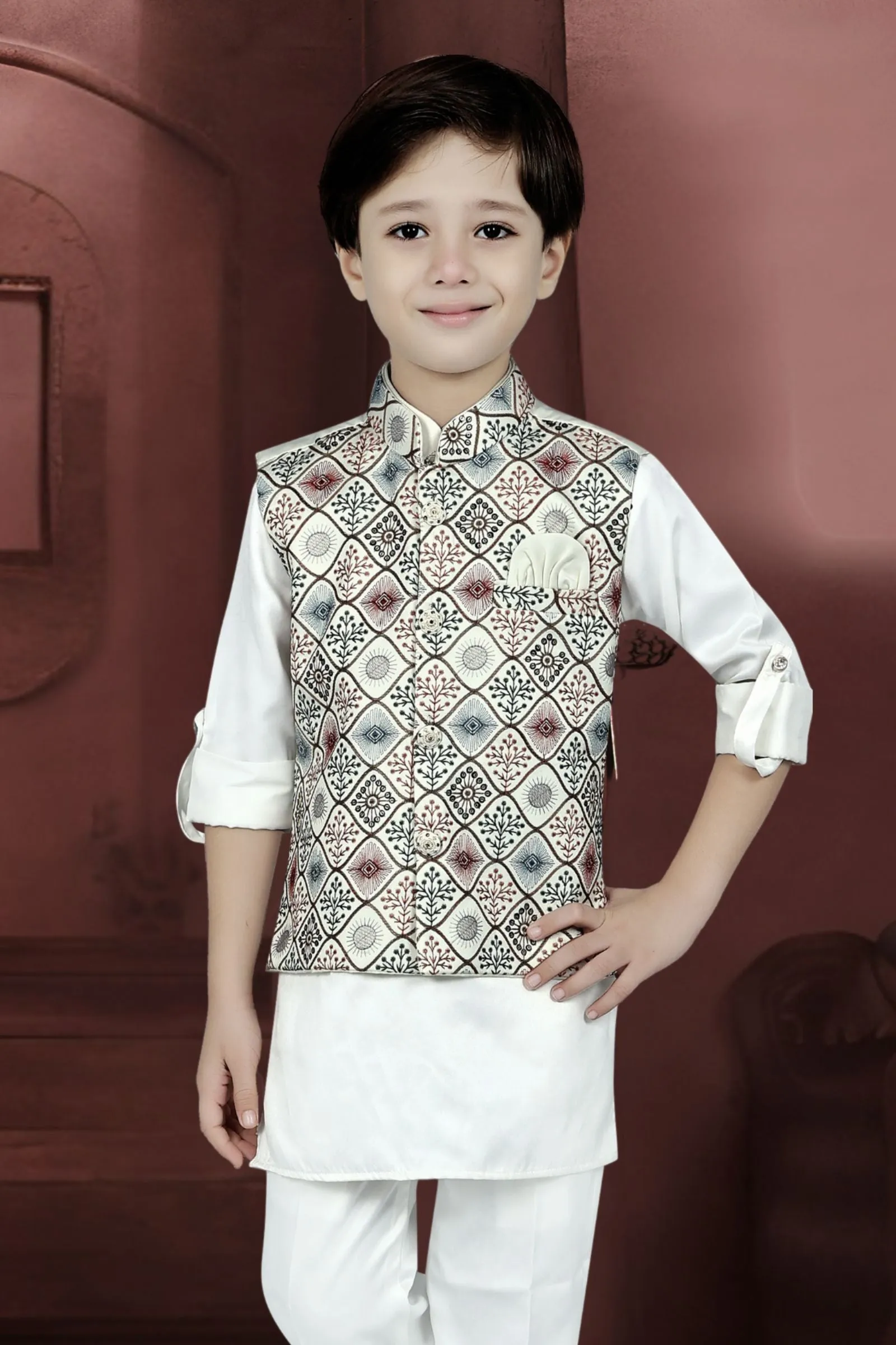 Cream Multicolor Thread work Waist Coat Kurta Set for Boys