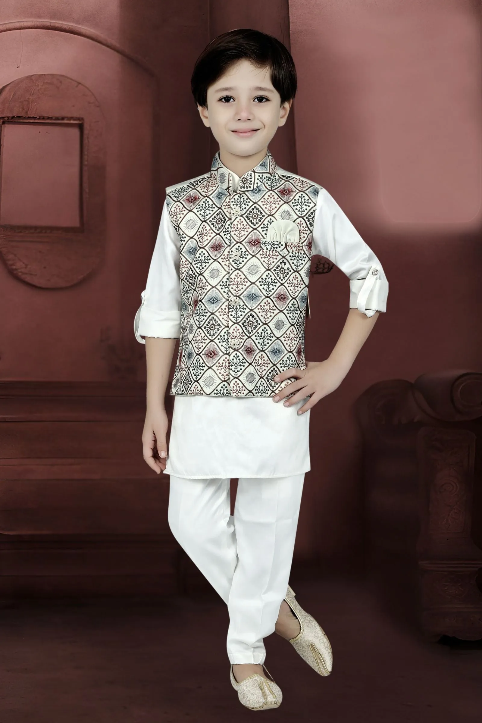 Cream Multicolor Thread work Waist Coat Kurta Set for Boys