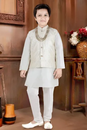 Cream Sequins and Thread work Waist Coat Kurta Set for Boys