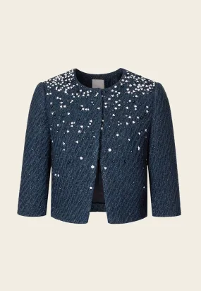 Dark Blue Rhinestone Lurex Tweed Cropped Jacket