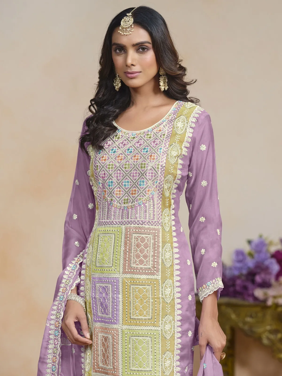 Dazzling Organza Fabric Lavender Color Salwar Suit