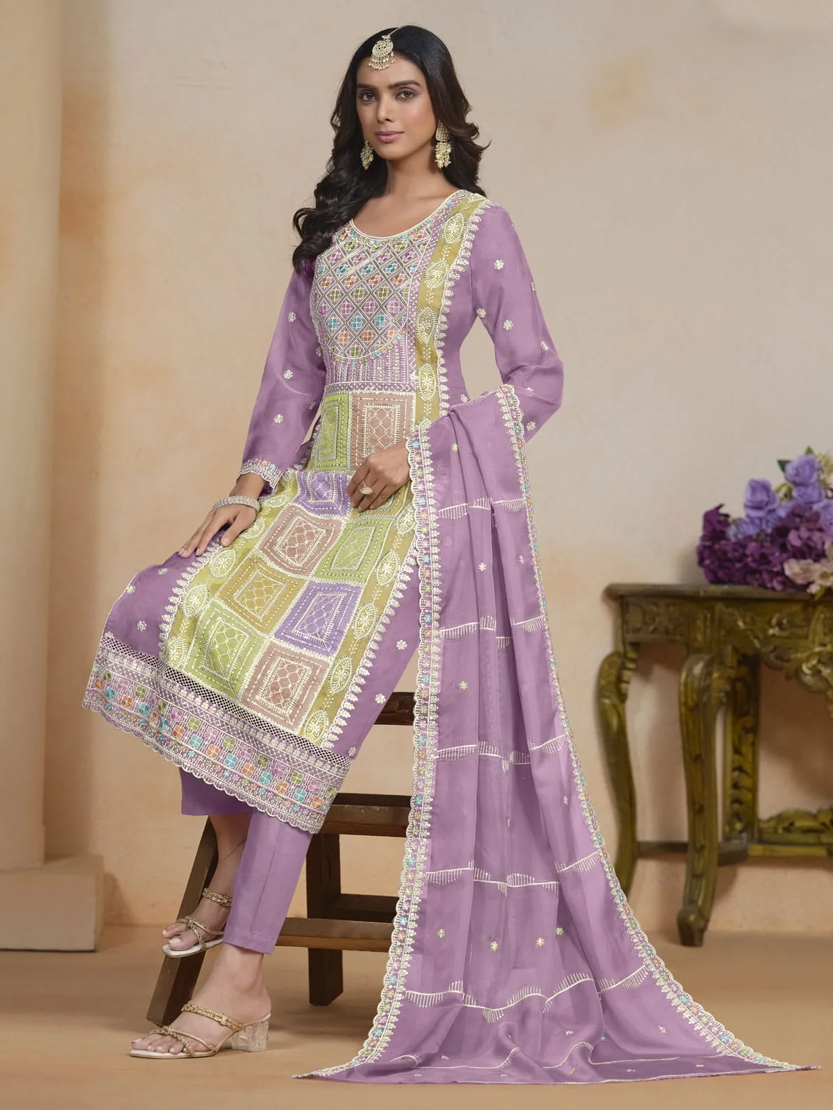 Dazzling Organza Fabric Lavender Color Salwar Suit