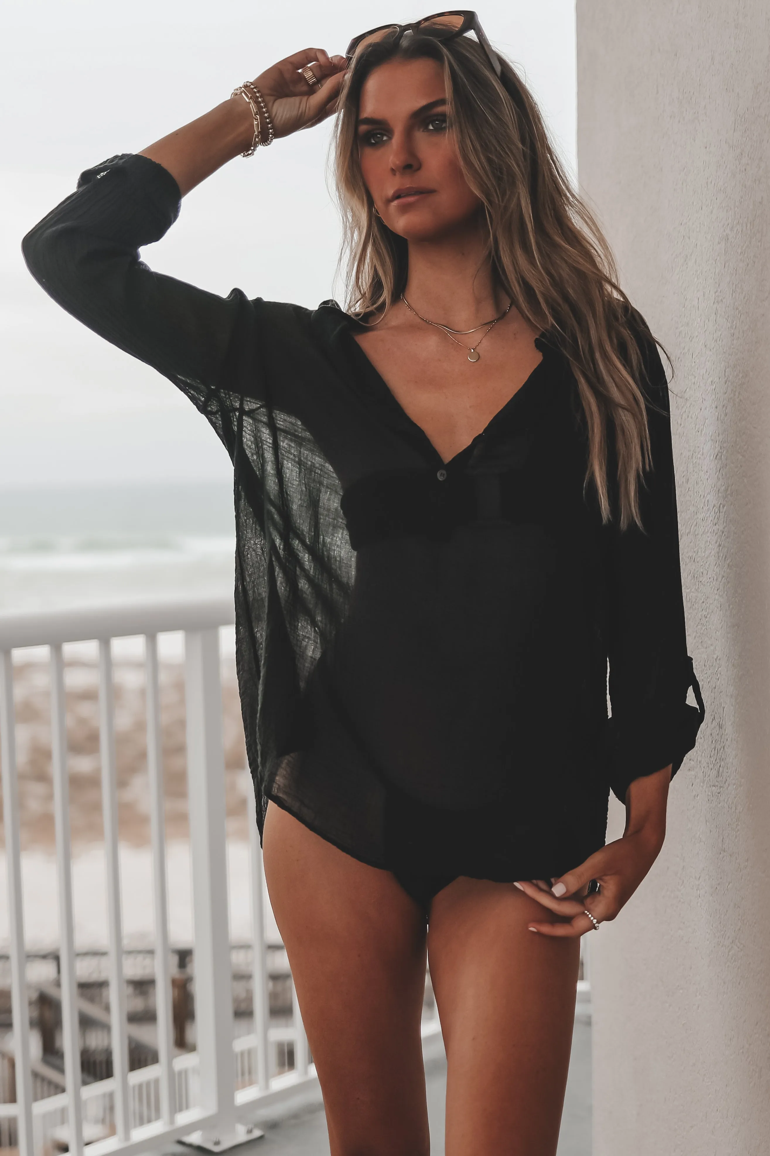 DEAL Laying Low Linen Black Button Up Top