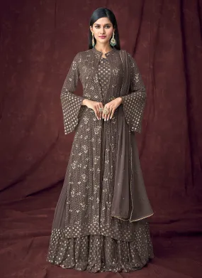 Deep Brown Embroidered Jacket Style Anarkali Lehenga Suit