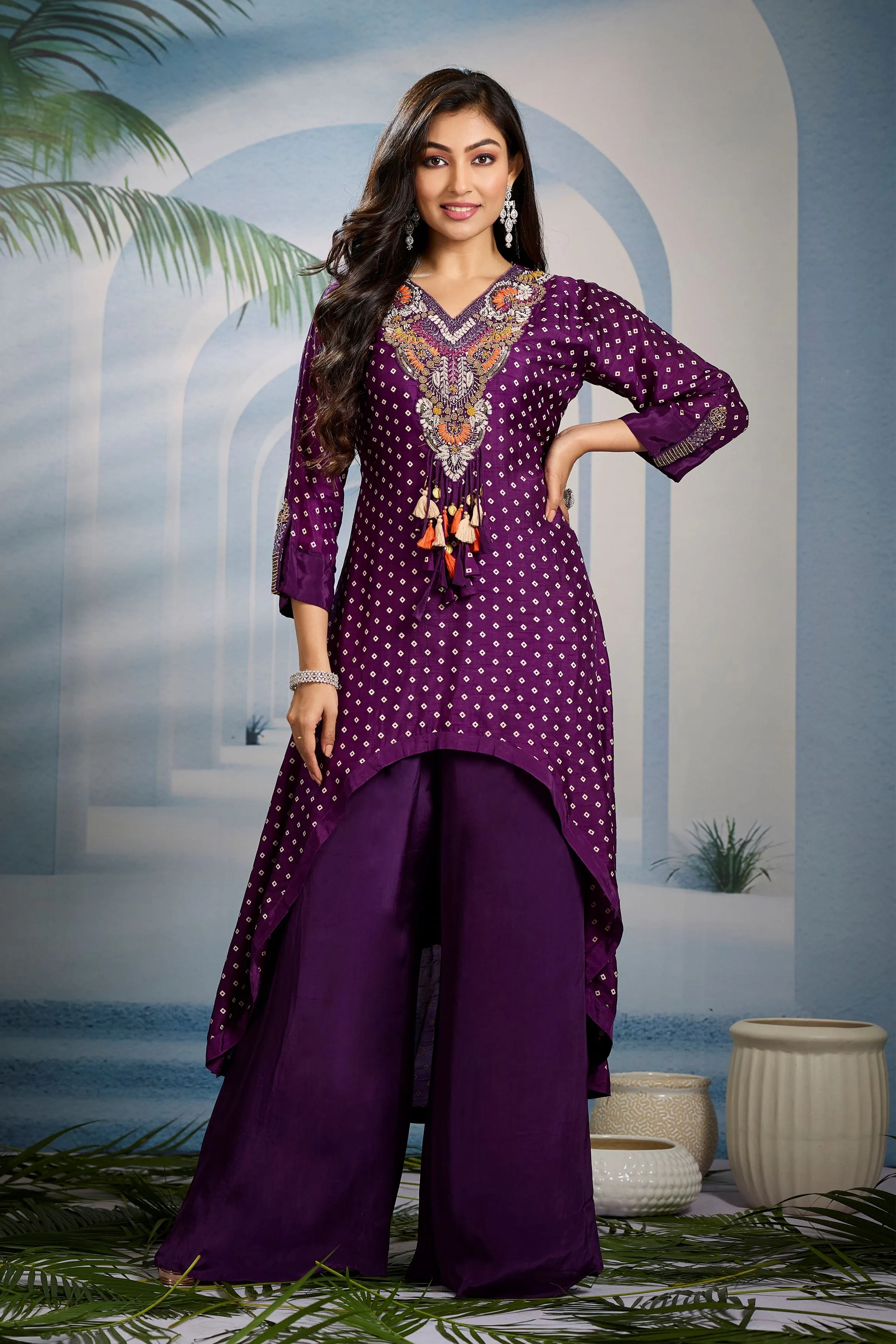 Deep Purple Bandhani Printed Kurta Set