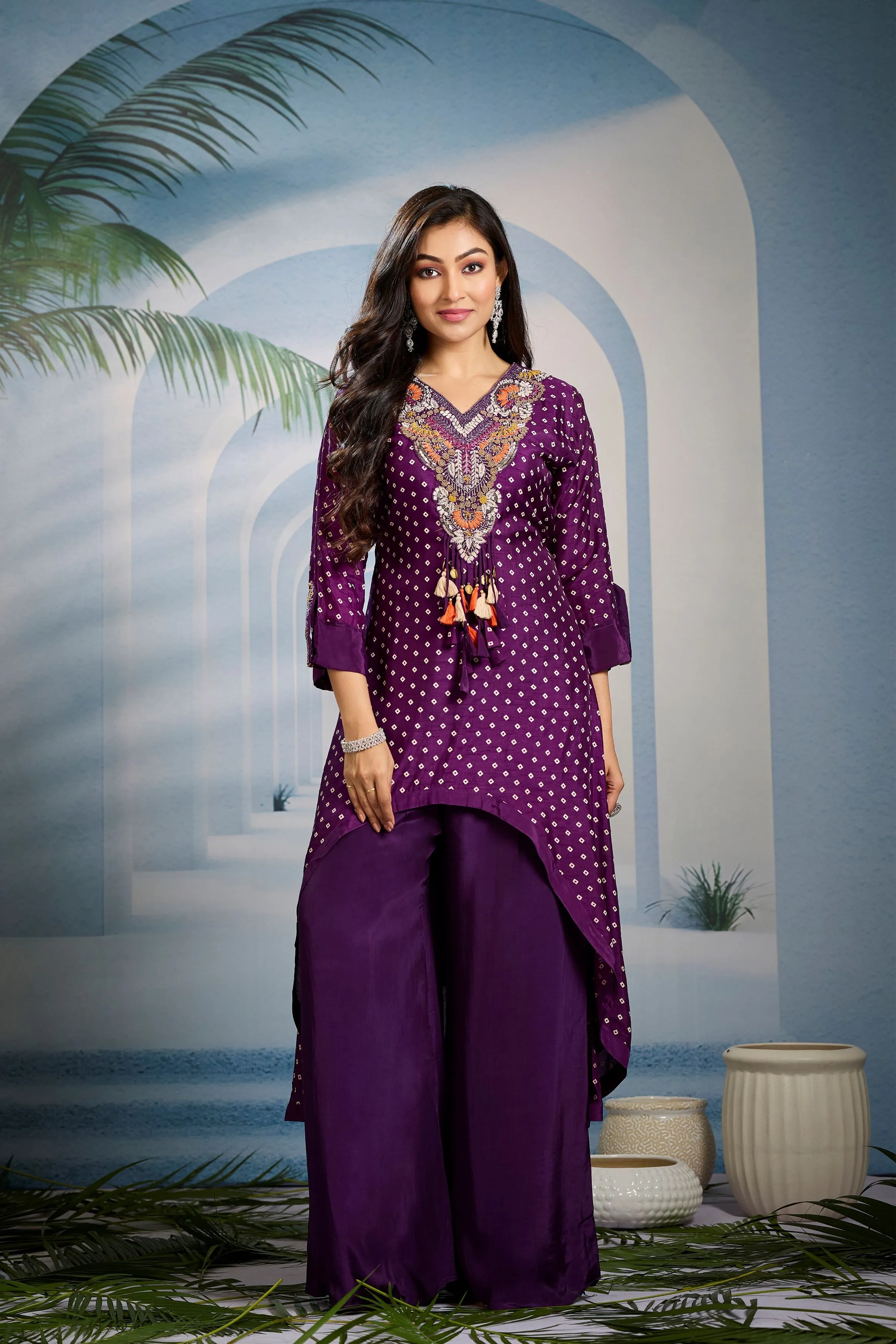 Deep Purple Bandhani Printed Kurta Set