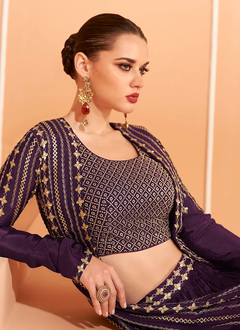 Deep Purple Embroidered Lehenga Choli With Jacket