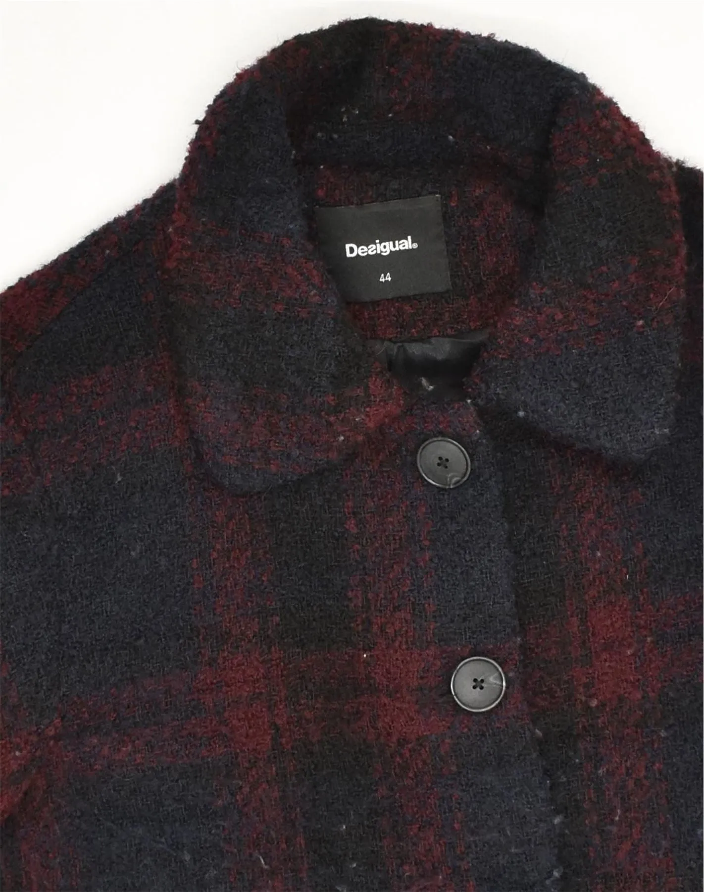 DESIGUAL Womens Overcoat EU 44 XL Navy Blue Check Polyester