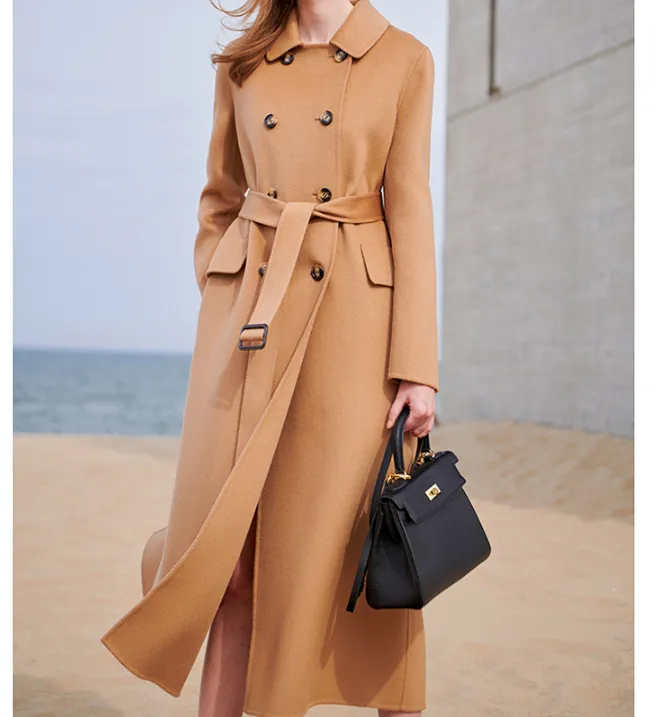 Double Breasted Wool Coat Warm Waist Belt Long Women Wool Coat Jacket 0766