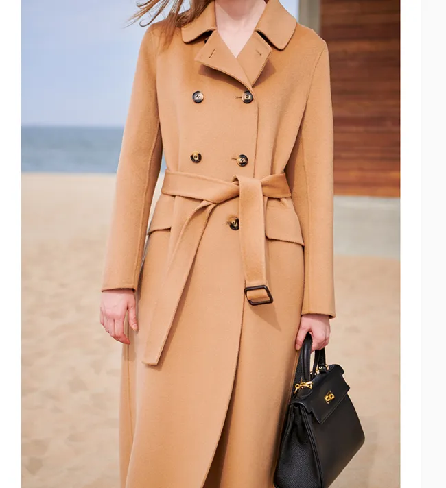 Double Breasted Wool Coat Warm Waist Belt Long Women Wool Coat Jacket 0766