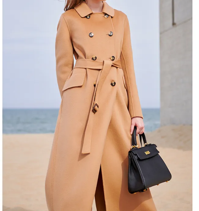 Double Breasted Wool Coat Warm Waist Belt Long Women Wool Coat Jacket 0766