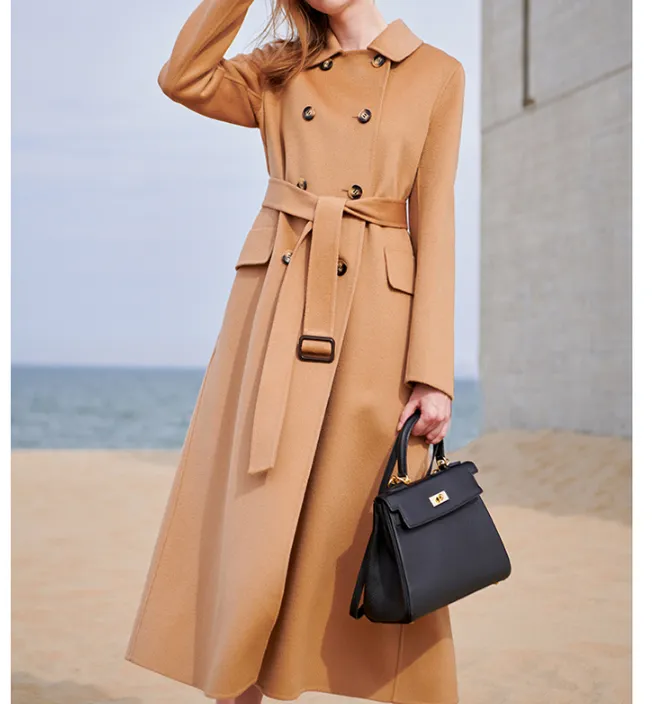 Double Breasted Wool Coat Warm Waist Belt Long Women Wool Coat Jacket 0766