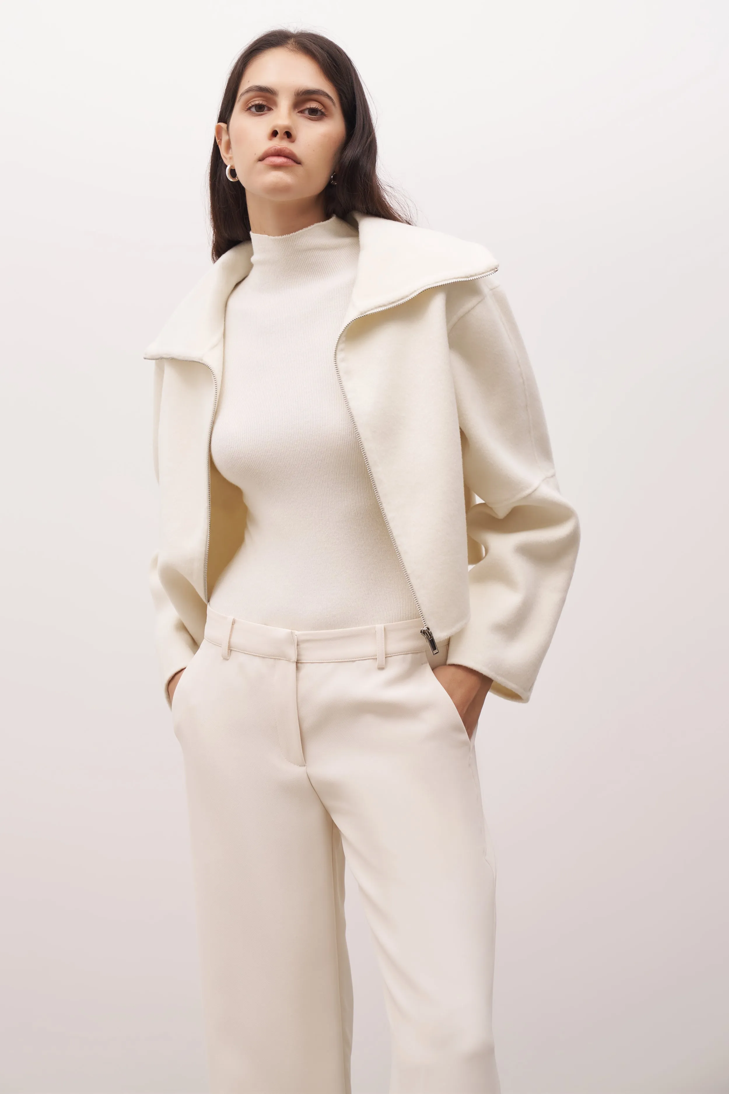 Double Faced Wool Cropped Jacket - Cream