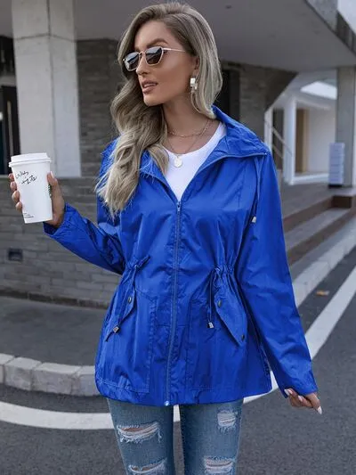 Drawstring Zip Up Waterproof Hooded Trench Coat