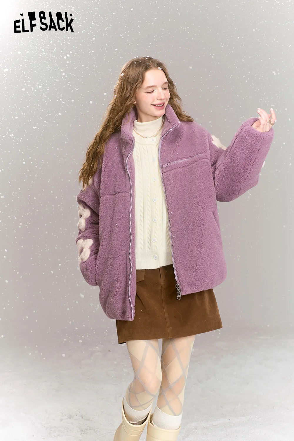 ELFSACK 2024 Winter New Arrivals Flowers stitching imitation plush coat women loose stand collar thick warm jacket