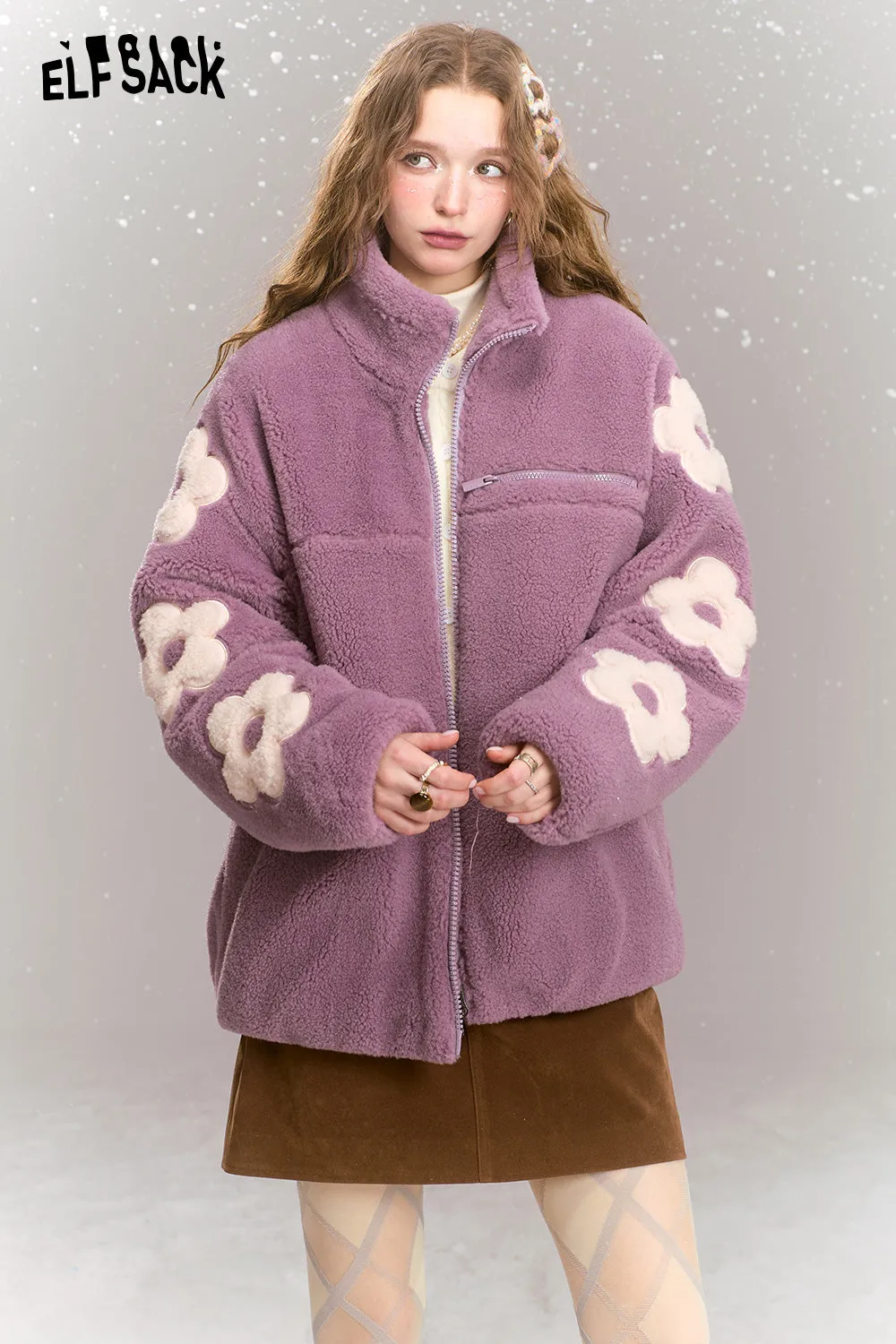 ELFSACK 2024 Winter New Arrivals Flowers stitching imitation plush coat women loose stand collar thick warm jacket