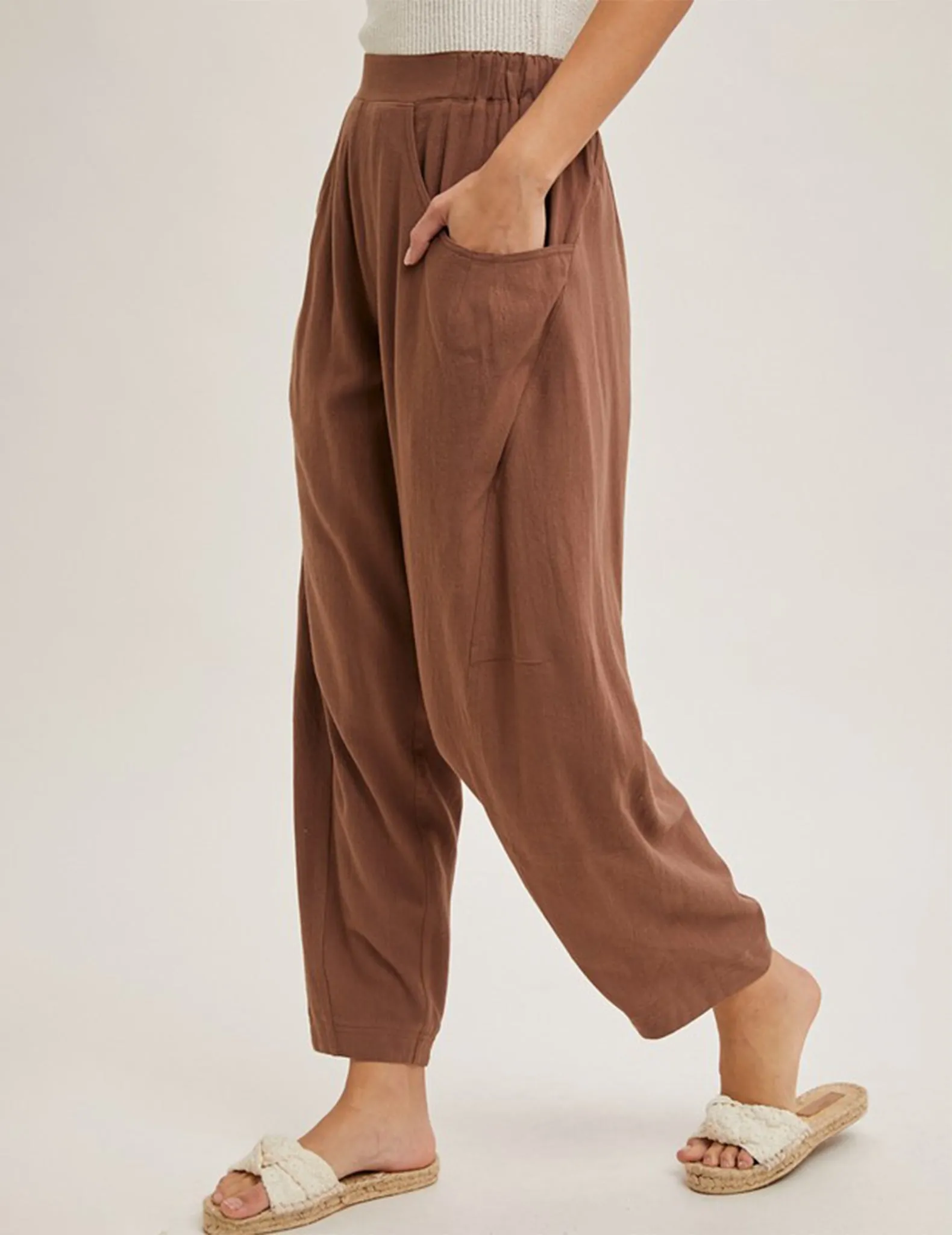 Eliza Chocolate Linen Blend Barrel Pants