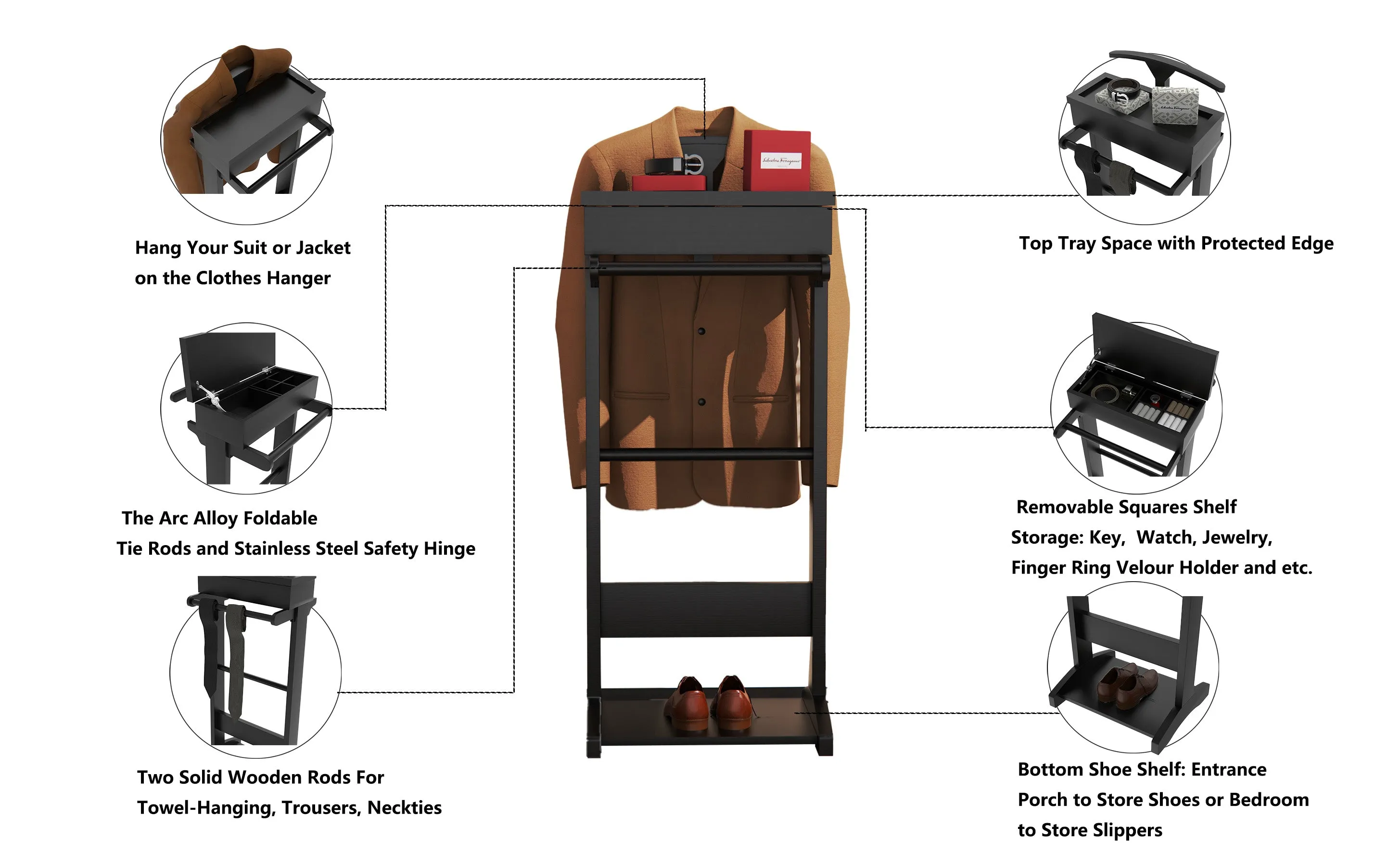 Facilehome Black Portable Garment Rack,Clothes Valet Stand with Storage Organizer