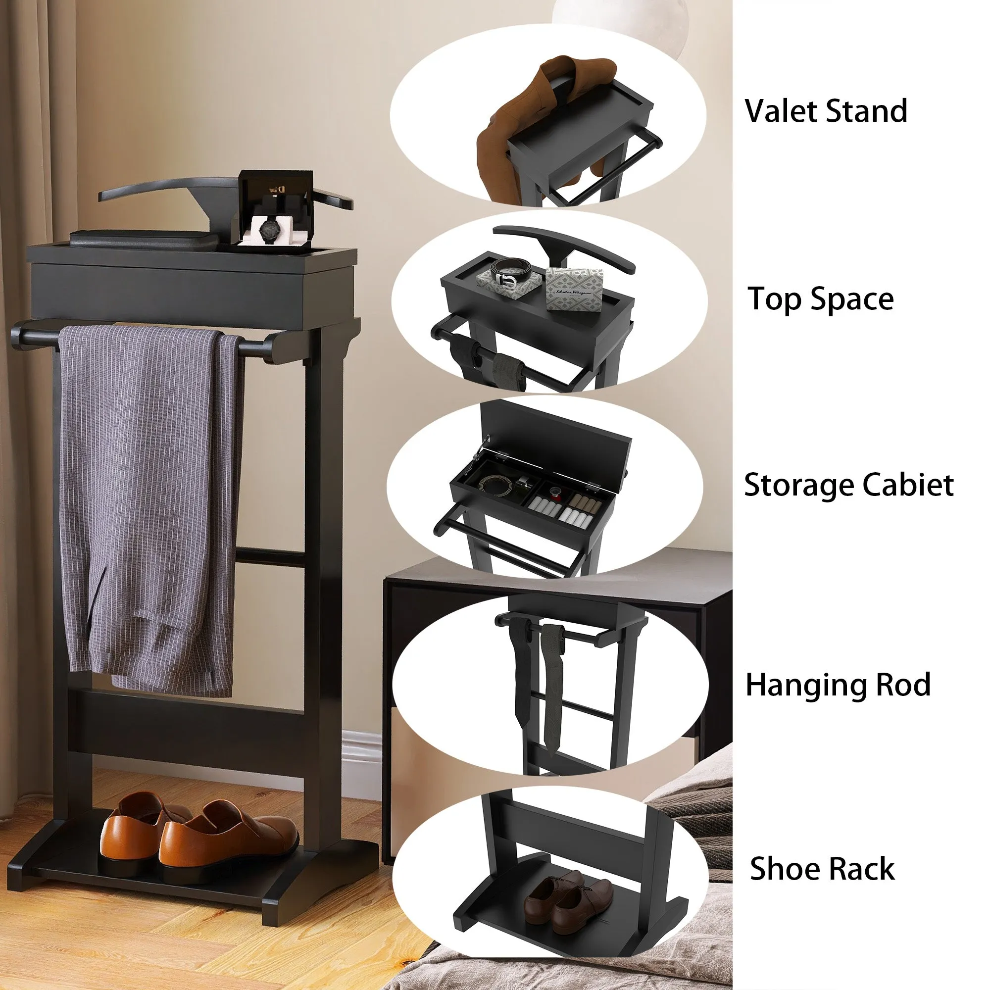 Facilehome Black Portable Garment Rack,Clothes Valet Stand with Storage Organizer