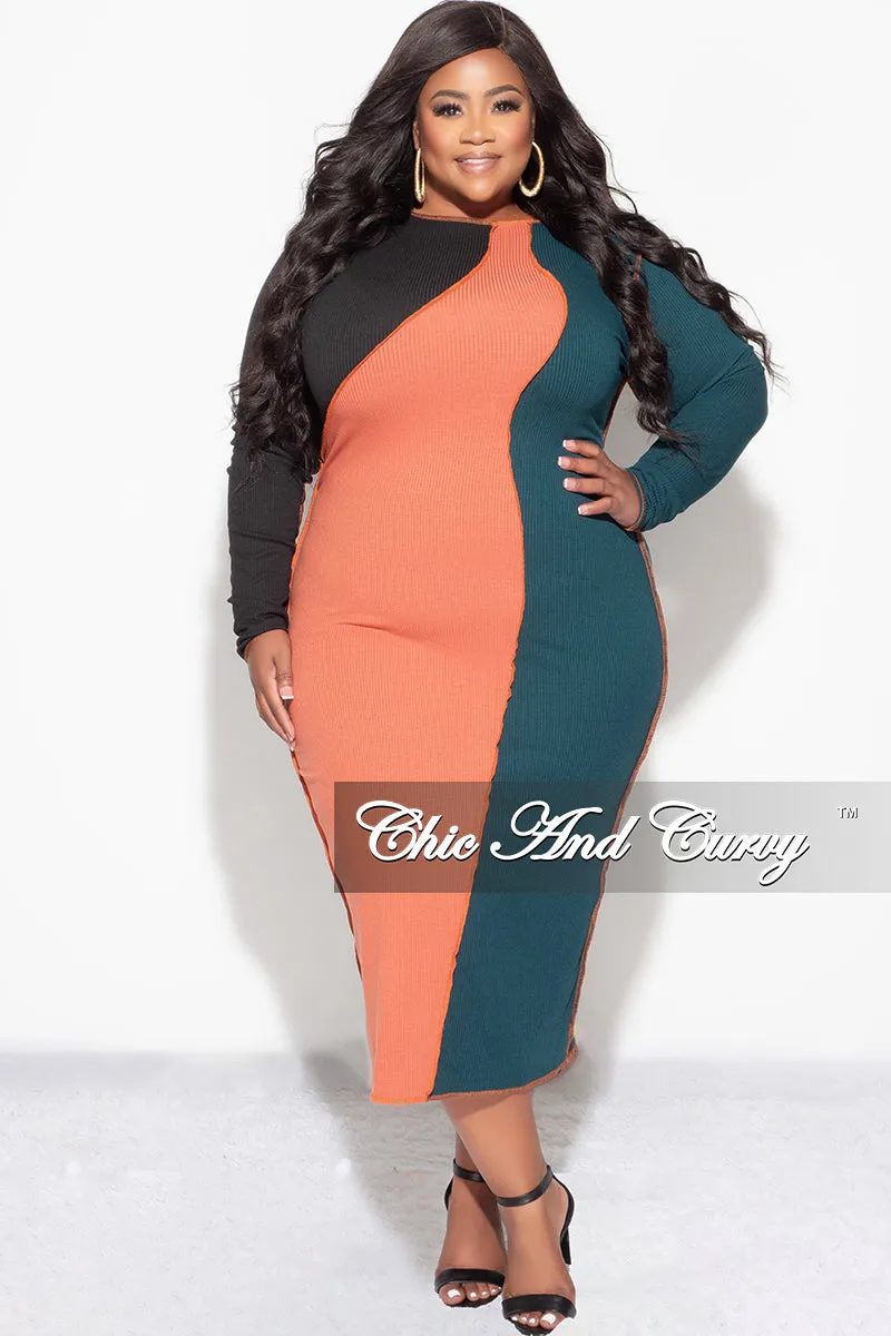 Final Sale Plus Size Ribbed BodyCon Colorblock Midi Dress with Outer Seams in Green and Orange