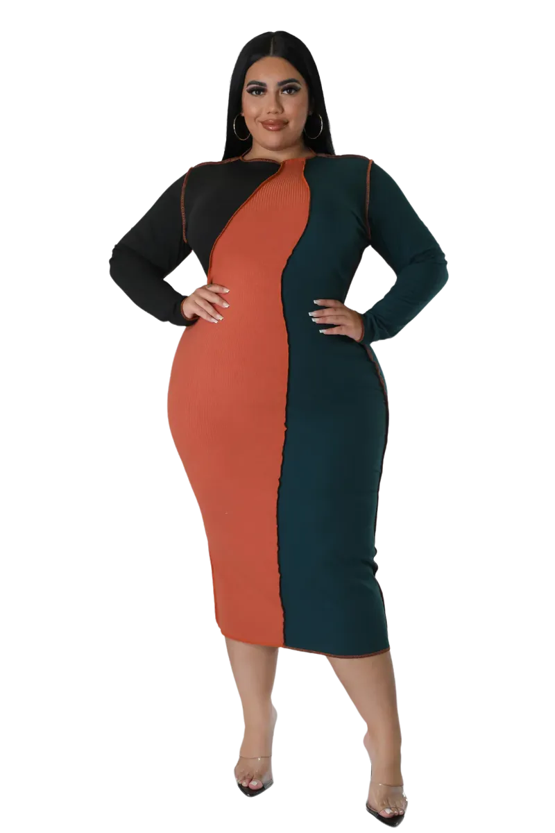 Final Sale Plus Size Ribbed BodyCon Colorblock Midi Dress with Outer Seams in Green and Orange