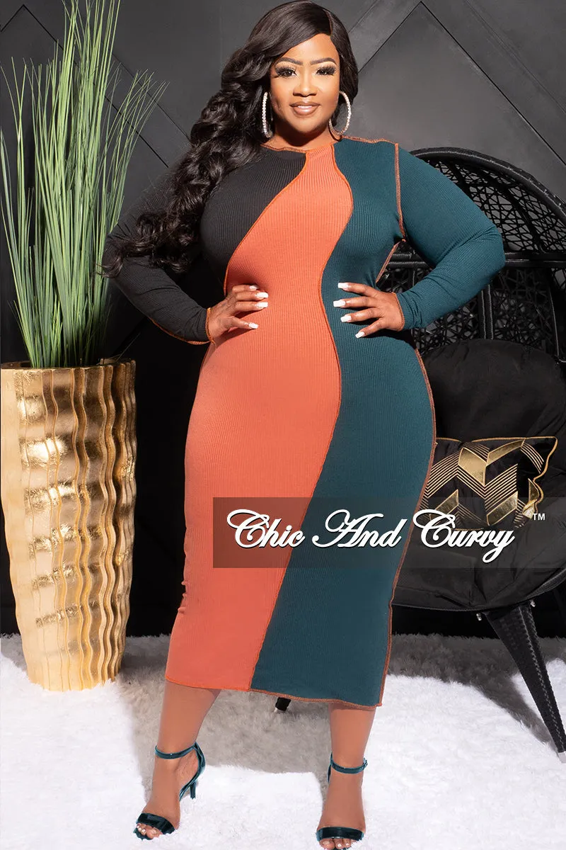 Final Sale Plus Size Ribbed BodyCon Colorblock Midi Dress with Outer Seams in Green and Orange