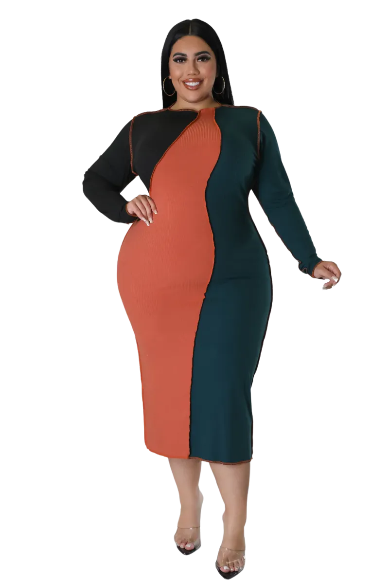 Final Sale Plus Size Ribbed BodyCon Colorblock Midi Dress with Outer Seams in Green and Orange