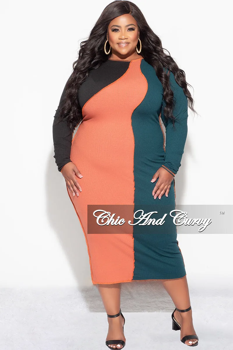 Final Sale Plus Size Ribbed BodyCon Colorblock Midi Dress with Outer Seams in Green and Orange