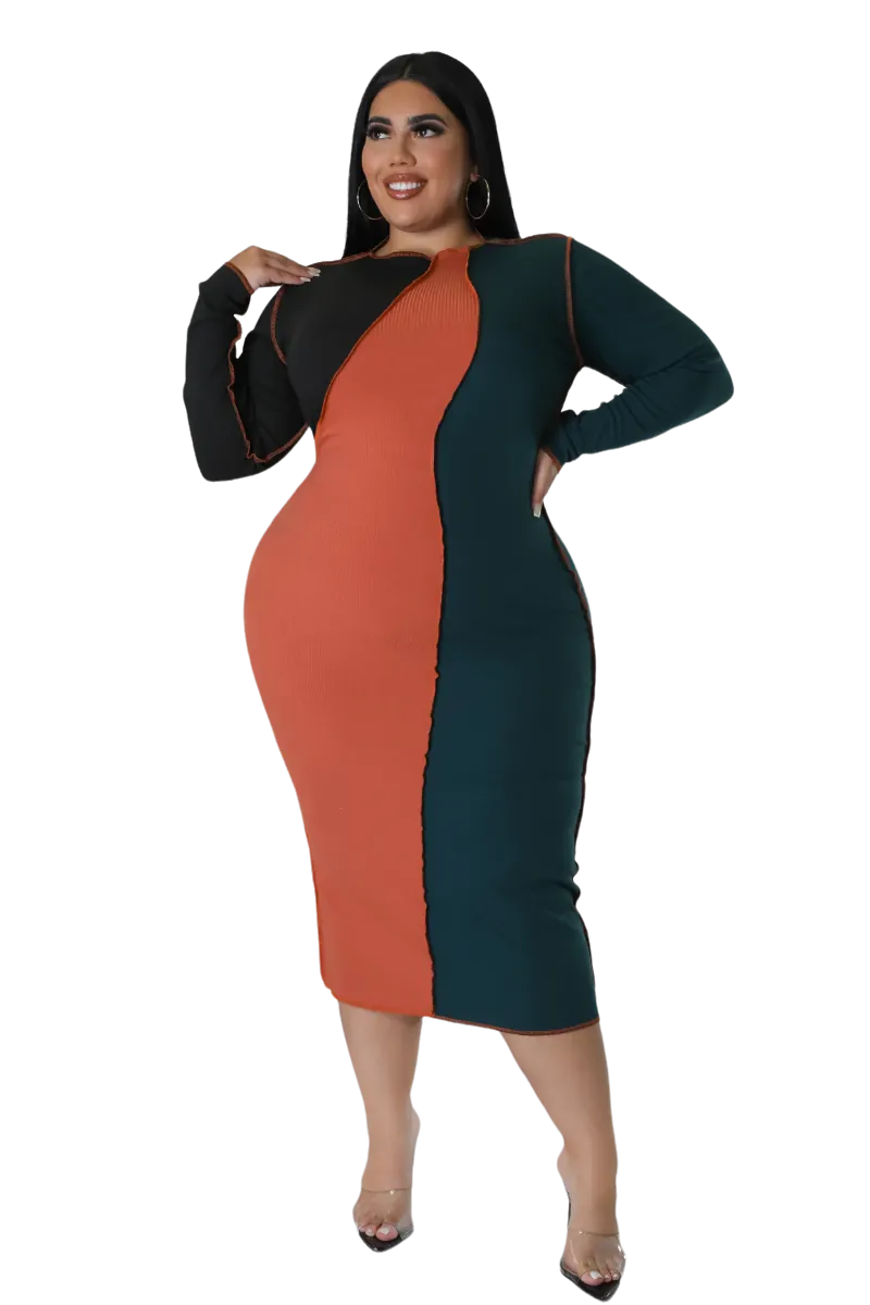 Final Sale Plus Size Ribbed BodyCon Colorblock Midi Dress with Outer Seams in Green and Orange