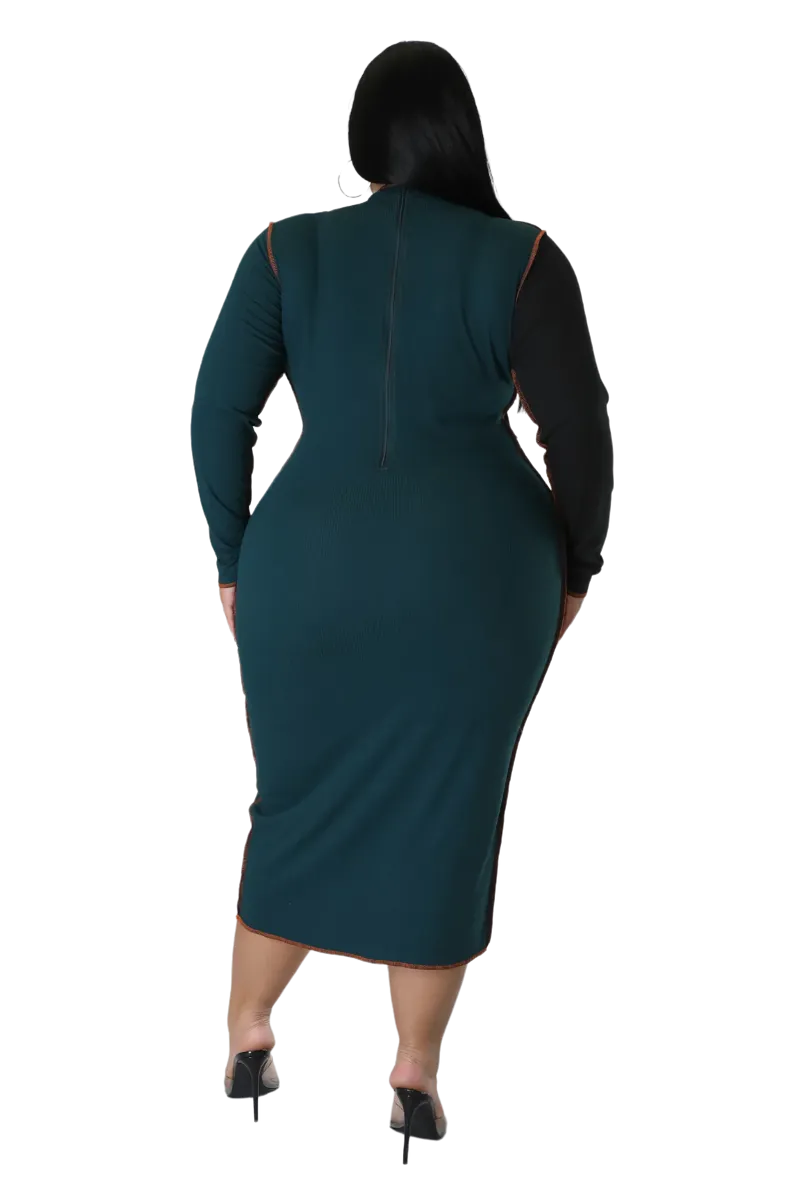 Final Sale Plus Size Ribbed BodyCon Colorblock Midi Dress with Outer Seams in Green and Orange