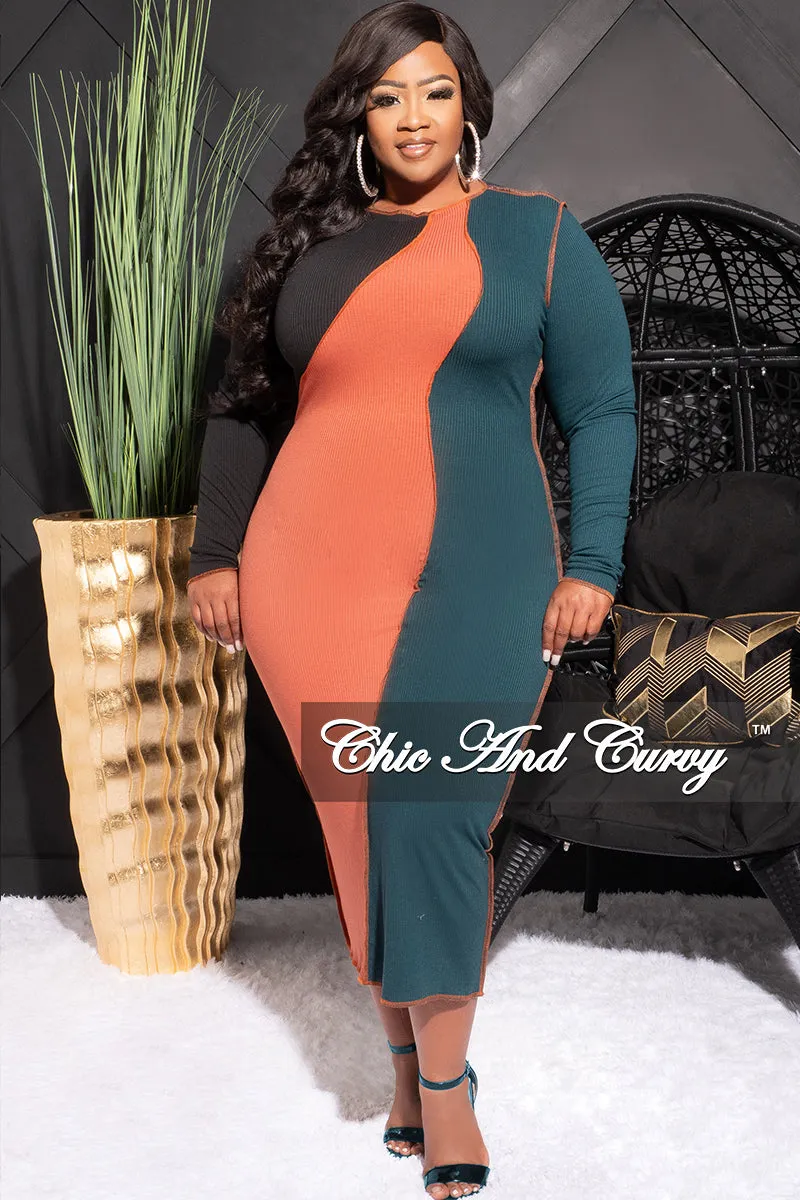 Final Sale Plus Size Ribbed BodyCon Colorblock Midi Dress with Outer Seams in Green and Orange