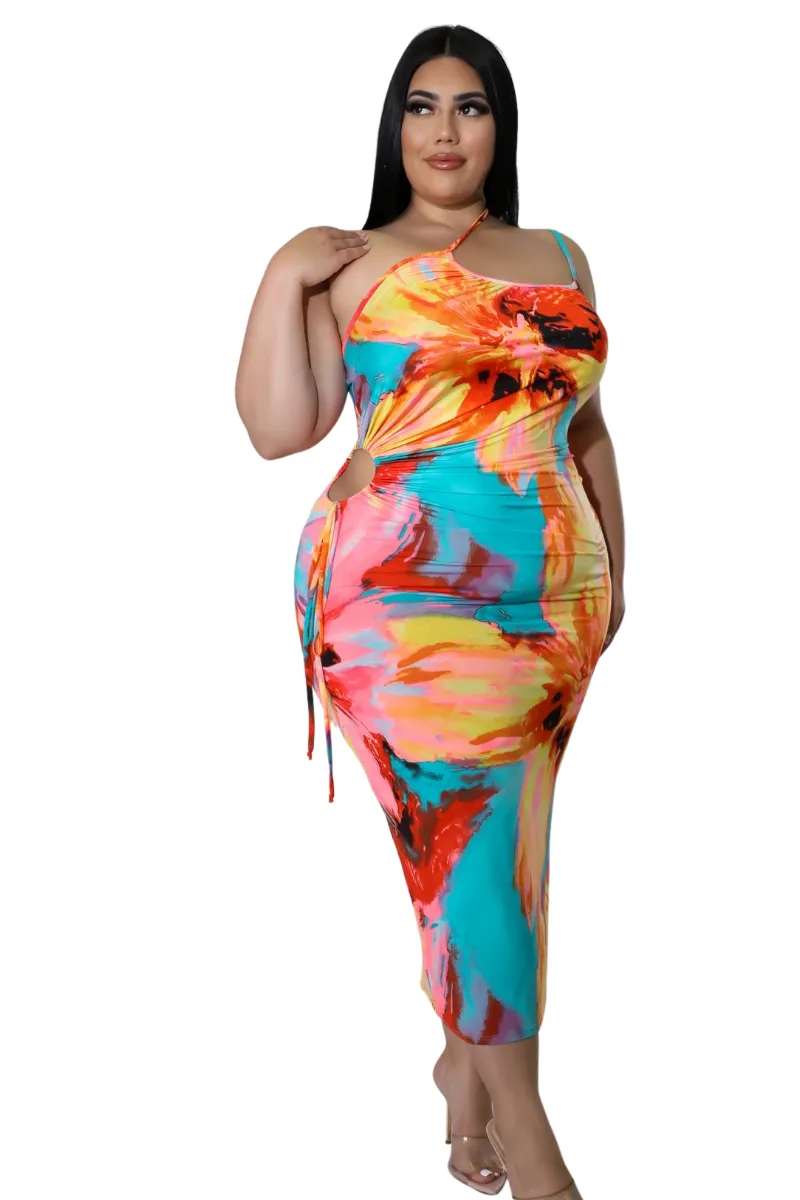 Final Sale Plus Size Sleeveless Double Spaghetti Strap One Shoulder BodyCon Dress in Yellow Turquoise Orange Pink and Red