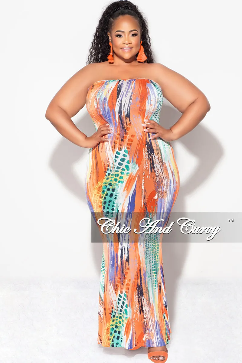 Final Sale Plus Size Strapless Tube BodyCon Dress in Orange Multi Color Print