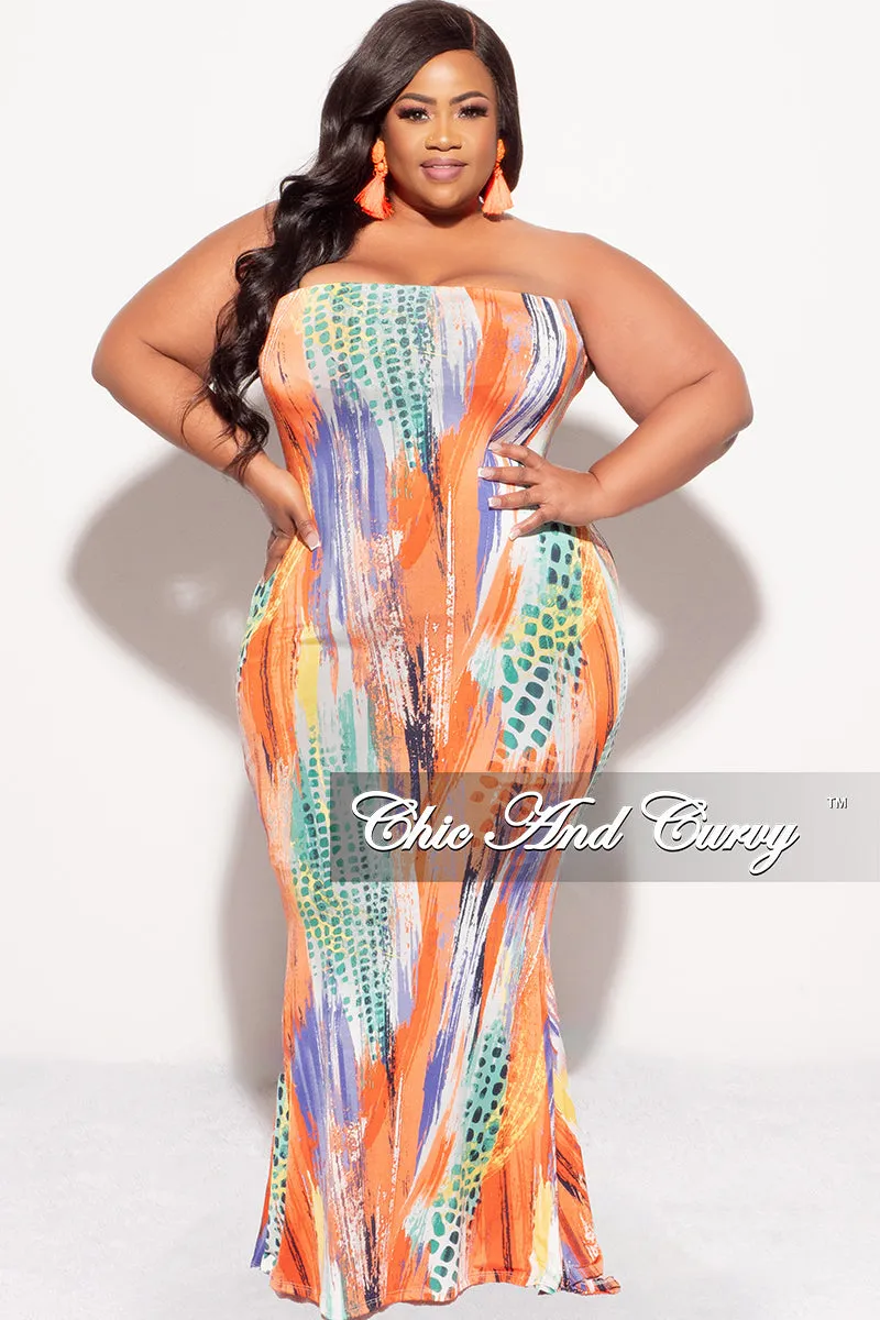 Final Sale Plus Size Strapless Tube BodyCon Dress in Orange Multi Color Print