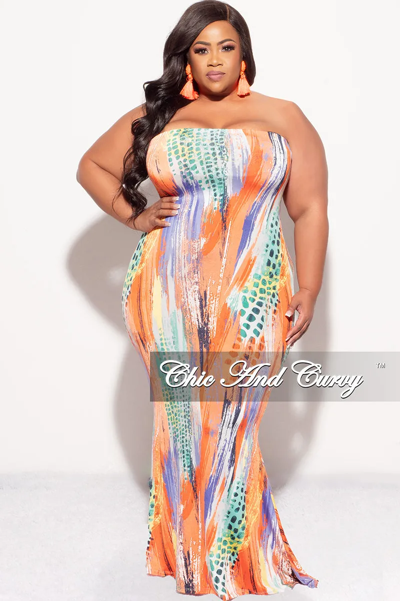 Final Sale Plus Size Strapless Tube BodyCon Dress in Orange Multi Color Print