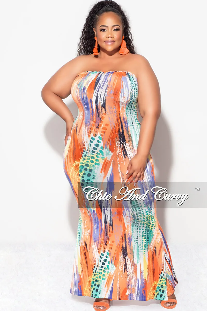 Final Sale Plus Size Strapless Tube BodyCon Dress in Orange Multi Color Print