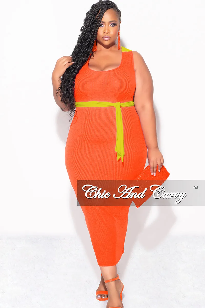 Final Sale Plus Sleeveless Ribbed Midi BodyCon Dress with Criss Cross Back in Orange and Mustard